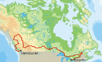 9060km Kanadán keresztül (tényleges útvonal)
